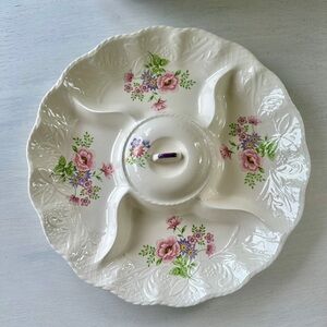 VINTAGE, 13 1/2” FINE CERAMIC, DIVIDED SERVING DISH. CREAMY OFF-WHITE DISH.